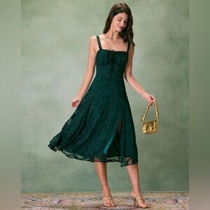 Rihoas Green Square Neck Jacquard Slit Midi Dress